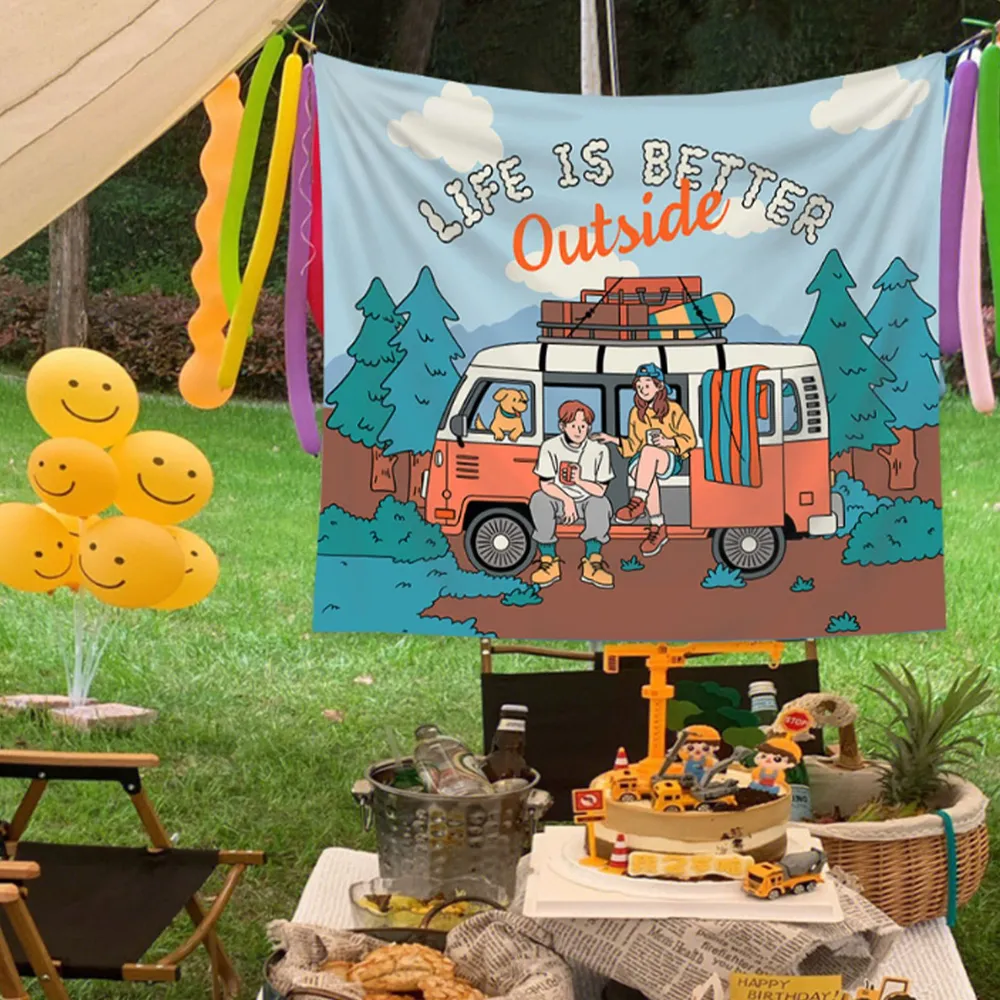 Outdoor Adventure Background - Retro Camper Van Tapestry, Outdoor Adventure
